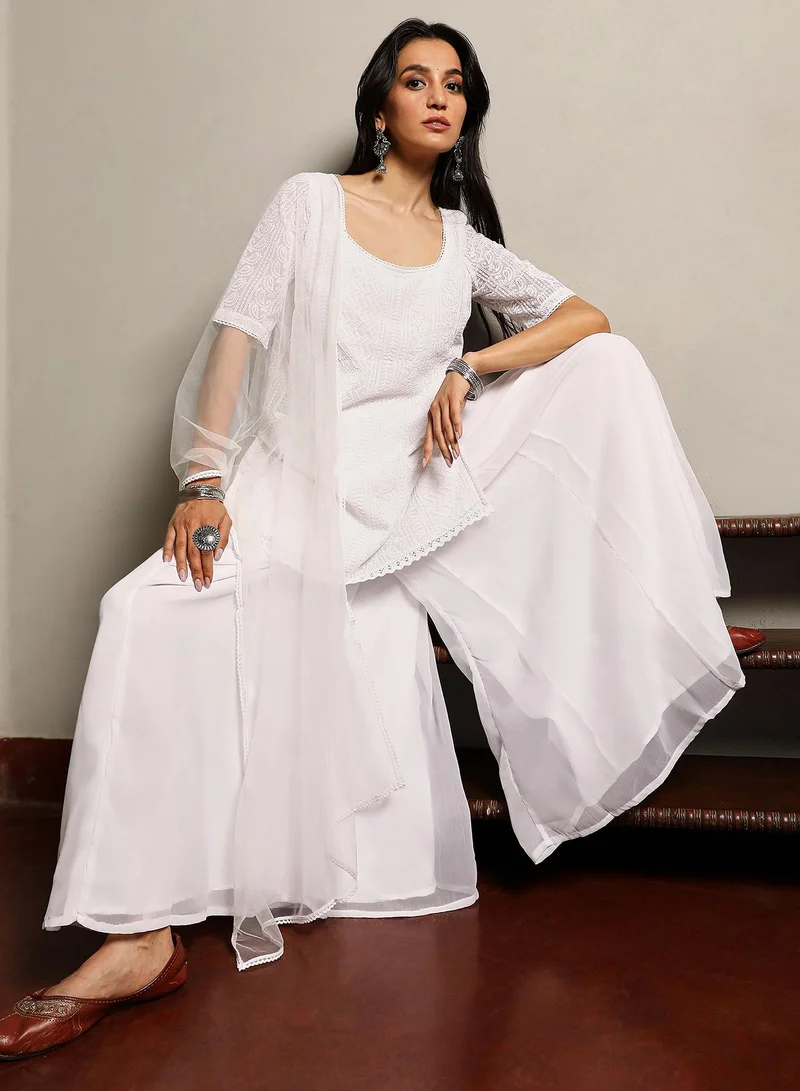  قصة Women's Daisy White Solid Schiffli Kurti With Palazzo & Dupatta
