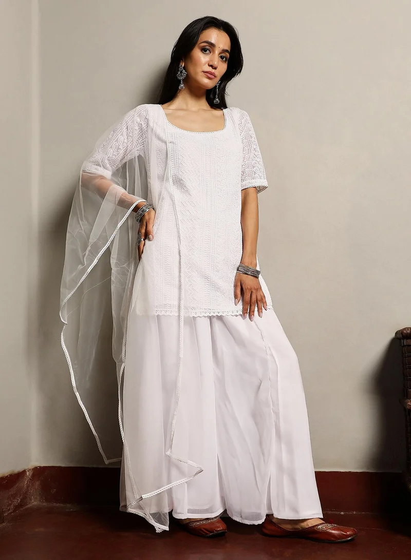  قصة Women's Daisy White Solid Schiffli Kurti With Palazzo & Dupatta