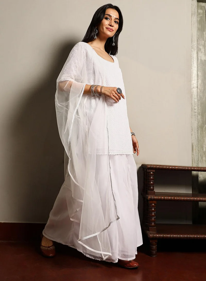  قصة Women's Daisy White Solid Schiffli Kurti With Palazzo & Dupatta