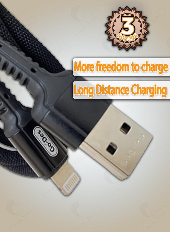 GO-DES 3A Ultra-Fast USB to Lightning Data Cable – 3 Meter Length Has More Freedom To Charge| Smart Chip | High Density Nylon Braided Weave | Resistant To Twist | High-Quality Tinned Copper Wire for Efficient Charging & 480mbps Transmission Speed - Image 4