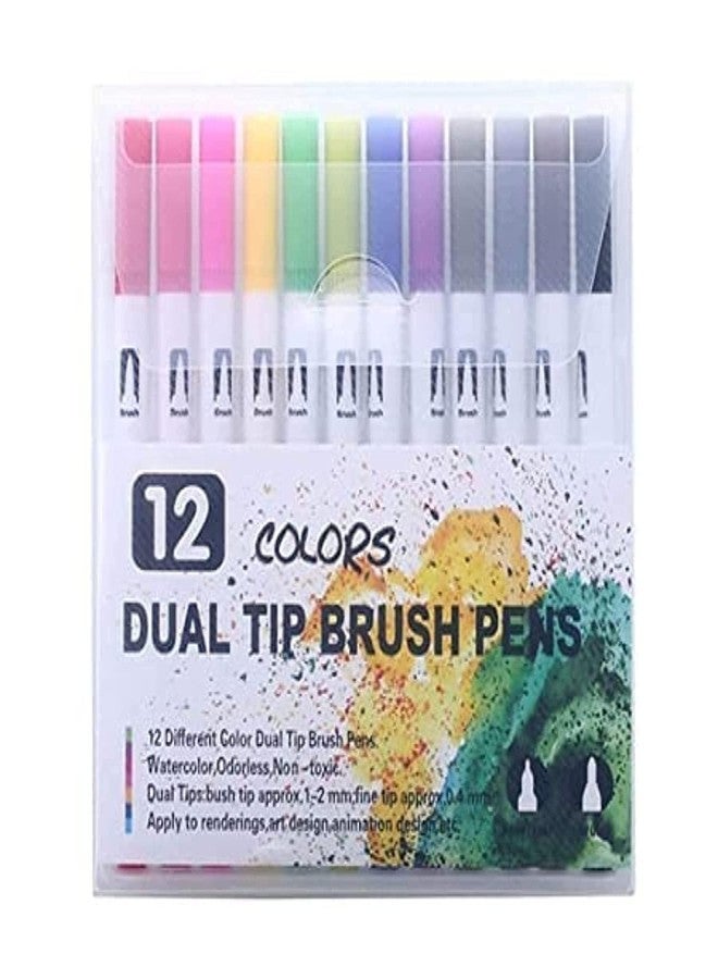Faded Dual Tip Brush & Fine Tip Drawing Pens | Water-Based Coloring Markers for Art, Sketching, Calligraphy & DIY Crafts | Vibrant, Smooth Ink Set (Pack of 12) - Image 1