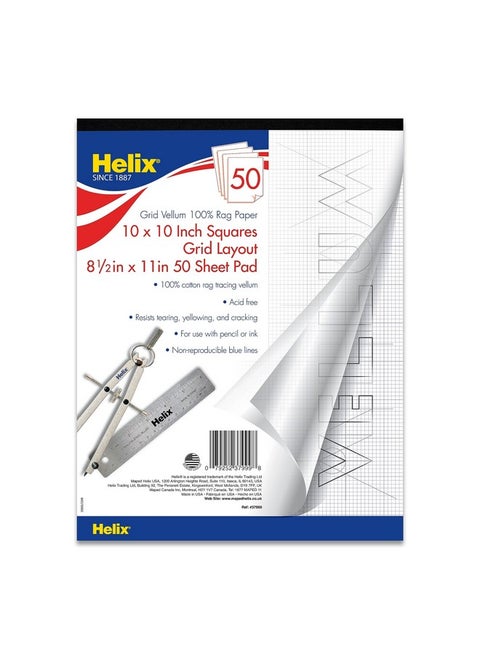 Helix 100% Rag Vellum Paper Pad 1 Inch Equals 10X10 Grid 8.5 Inch X 11 Inch 50 Sheet Pad Acid Free Drafting Art Sketching And Tracing