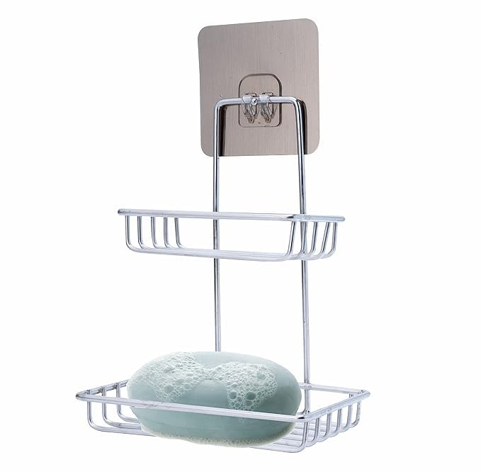 Bindex Wall Mounted Double Layer soap Dish Holder Stainless Steel Wall Hanging Soap Storage Rack for Kitchen Bathroom-with Self Adhesive Magic Sticker (Silver) - Image 1