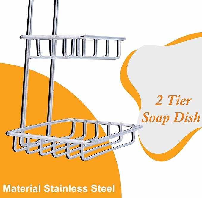 Bindex Wall Mounted Double Layer soap Dish Holder Stainless Steel Wall Hanging Soap Storage Rack for Kitchen Bathroom-with Self Adhesive Magic Sticker (Silver) - Image 3