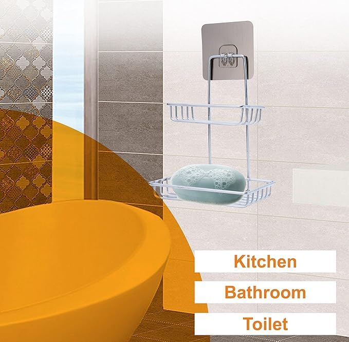 Bindex Wall Mounted Double Layer soap Dish Holder Stainless Steel Wall Hanging Soap Storage Rack for Kitchen Bathroom-with Self Adhesive Magic Sticker (Silver) - Image 4
