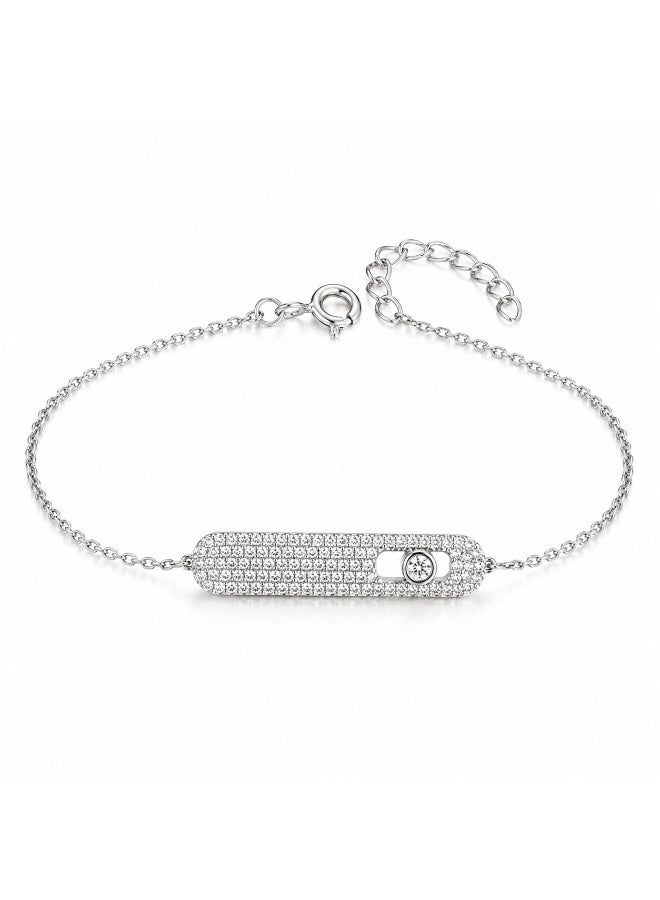 FINE SILVER Luxury 925 Sterling Silver Moving CZ Stone Pavé Bar Bracelet - Sparkling Adjustable Link Chain Bracelet for Women - Elegant Jewelry Gift - Image 1