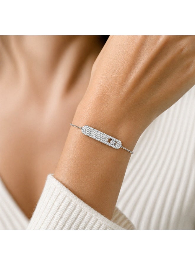FINE SILVER Luxury 925 Sterling Silver Moving CZ Stone Pavé Bar Bracelet - Sparkling Adjustable Link Chain Bracelet for Women - Elegant Jewelry Gift - Image 3
