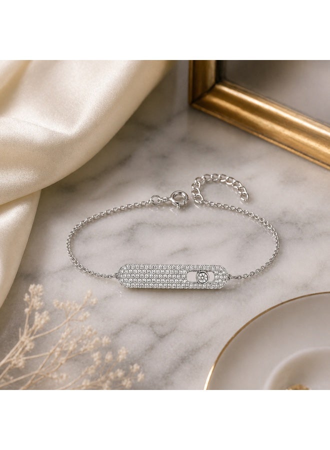 FINE SILVER Luxury 925 Sterling Silver Moving CZ Stone Pavé Bar Bracelet - Sparkling Adjustable Link Chain Bracelet for Women - Elegant Jewelry Gift - Image 4