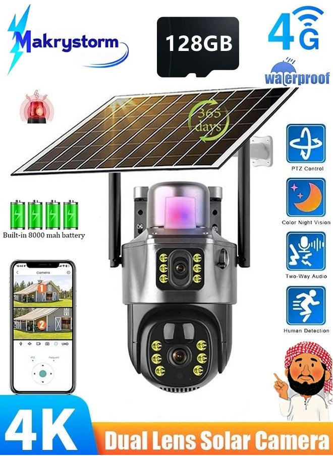 Makrystorm 4K 8MP Solar Camera 4G Sim PTZ Cameras Outdoor Dual Lens IP Camara Solar Panel CCTV Security Built in Battery PIR Cam (With 128GB SD Card)  - Image 1