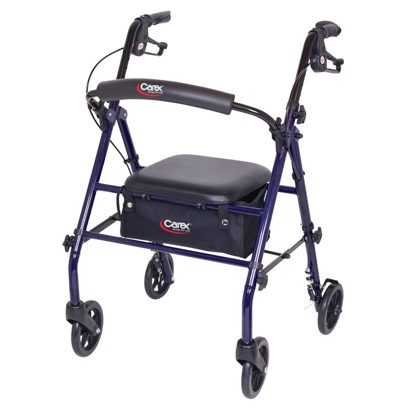 Carex Steel Rollator Walker with Seat and Wheels Rolling Walker for Seniors Supports 350lbs For 50 to 58 Adult Rollator for Seniors Padded Seat and Backrest for Elderly Assistance Dark Blue