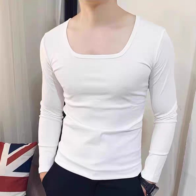 Men's solid color round neck long-sleeved t-shirt Korean version slim-fit square low-neck social young man pure cotton T-shirt with inner top - Image 3