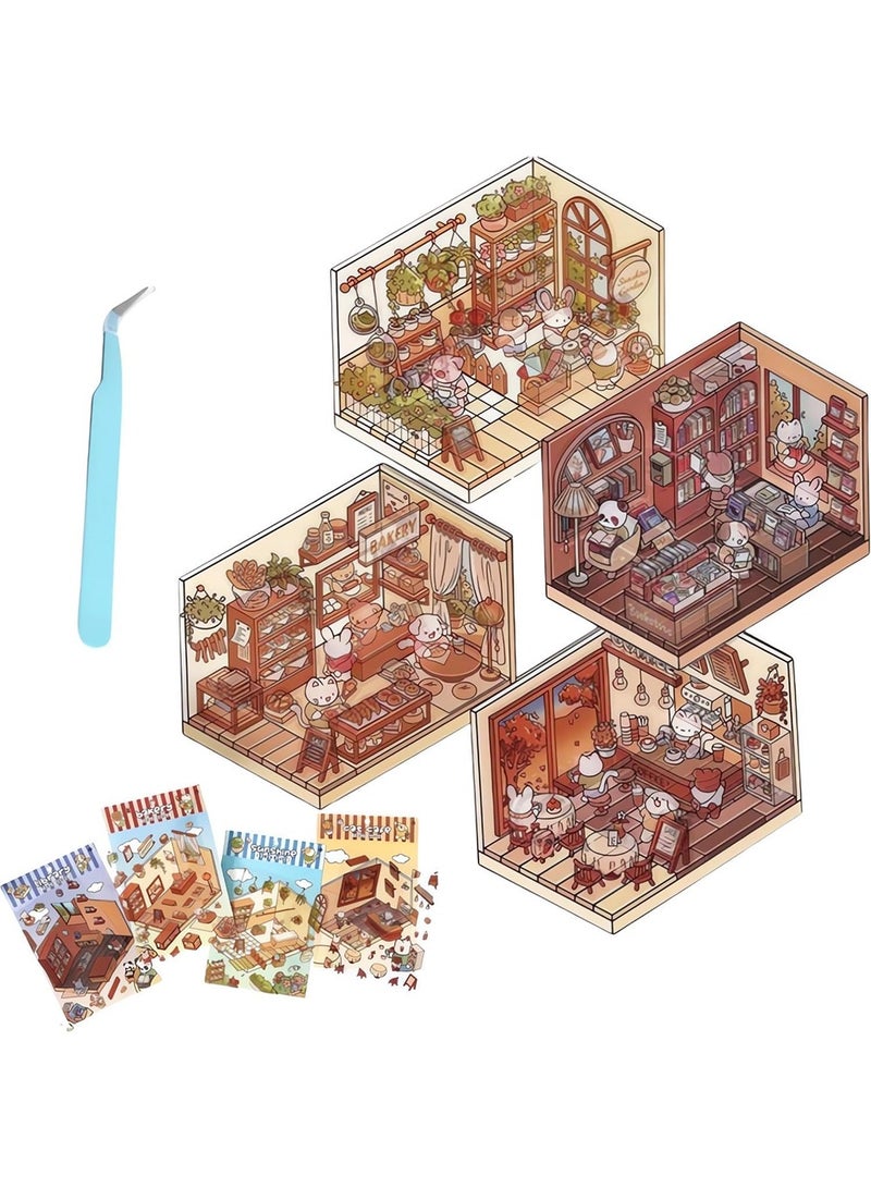 4 Sets DIY 3D House Stickers,Diy 3d House Stickers,Fun Diy Stickers Scene Make,3d Sticker Diy Three-dimensional Cabin Scene Stacking and Pasting,Cartoon Miniature Scene Stickers - Image 1