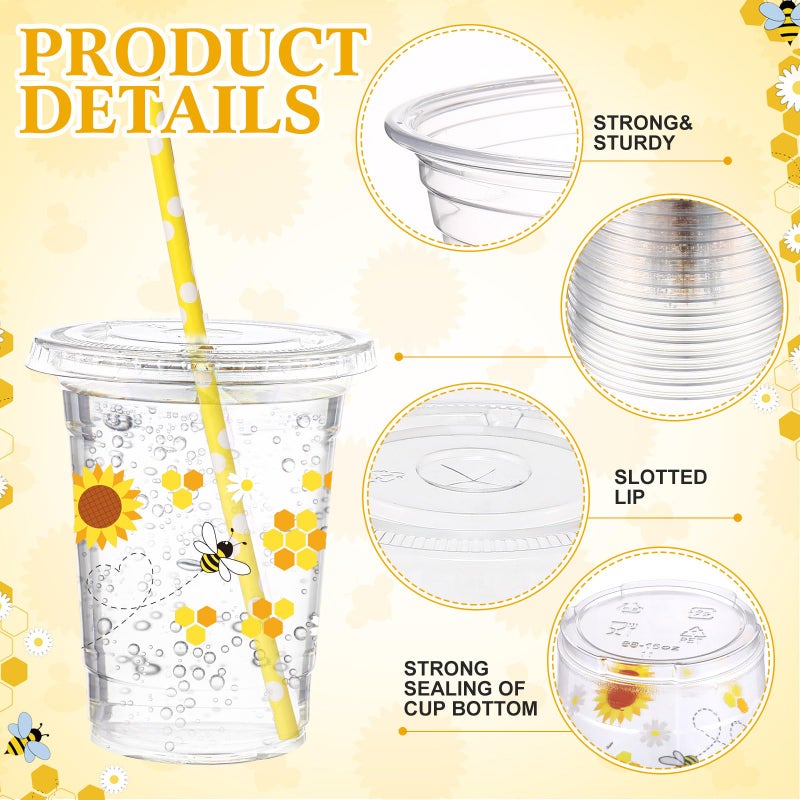 Funnymoom 50 Sets Bee Theme Party Supplies Honeybee Plastic Cups with Lids and Straws 16 oz Clear Honeybee Disposable Drinking Cups Bulk for Bee Theme Party Favors Birthday Baby Shower Supplies - Image 3