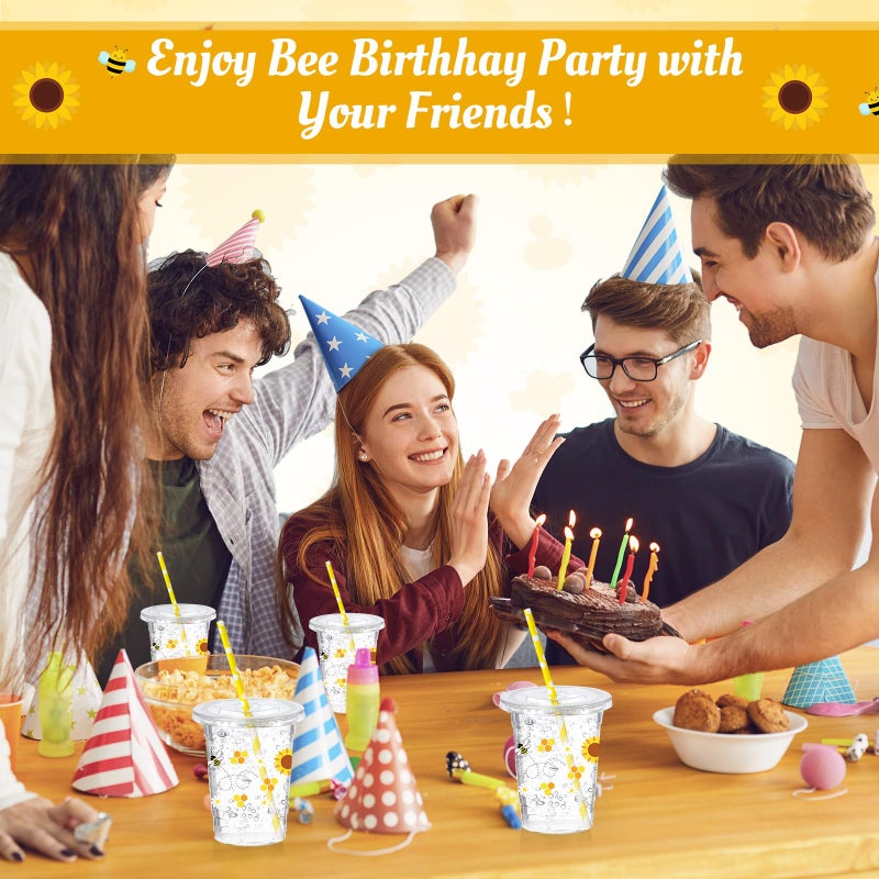 Funnymoom 50 Sets Bee Theme Party Supplies Honeybee Plastic Cups with Lids and Straws 16 oz Clear Honeybee Disposable Drinking Cups Bulk for Bee Theme Party Favors Birthday Baby Shower Supplies - Image 4