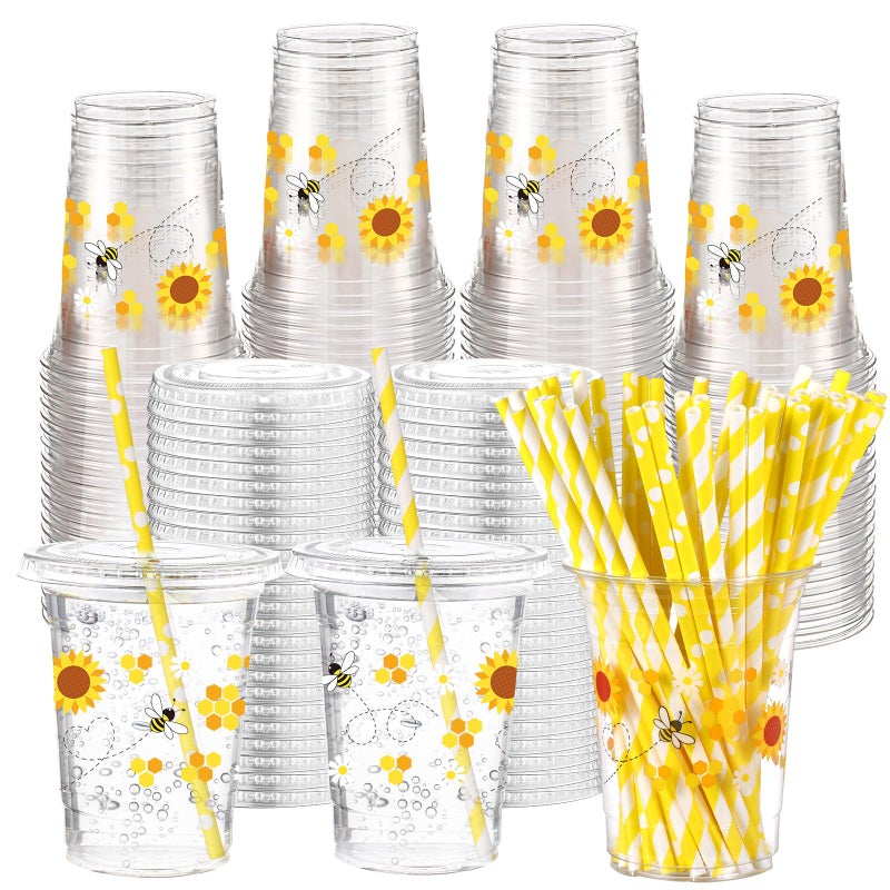 Funnymoom 50 Sets Bee Theme Party Supplies Honeybee Plastic Cups with Lids and Straws 16 oz Clear Honeybee Disposable Drinking Cups Bulk for Bee Theme Party Favors Birthday Baby Shower Supplies - Image 1