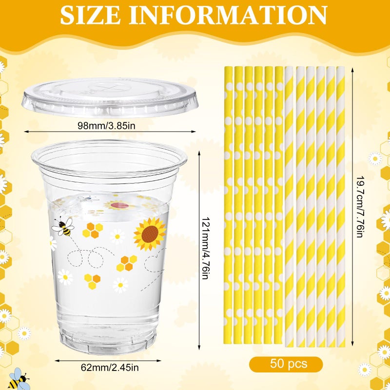 Funnymoom 50 Sets Bee Theme Party Supplies Honeybee Plastic Cups with Lids and Straws 16 oz Clear Honeybee Disposable Drinking Cups Bulk for Bee Theme Party Favors Birthday Baby Shower Supplies - Image 2