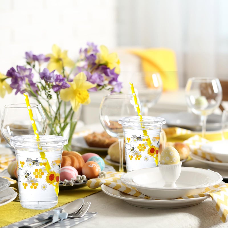 Funnymoom 50 Sets Bee Theme Party Supplies Honeybee Plastic Cups with Lids and Straws 16 oz Clear Honeybee Disposable Drinking Cups Bulk for Bee Theme Party Favors Birthday Baby Shower Supplies - Image 5