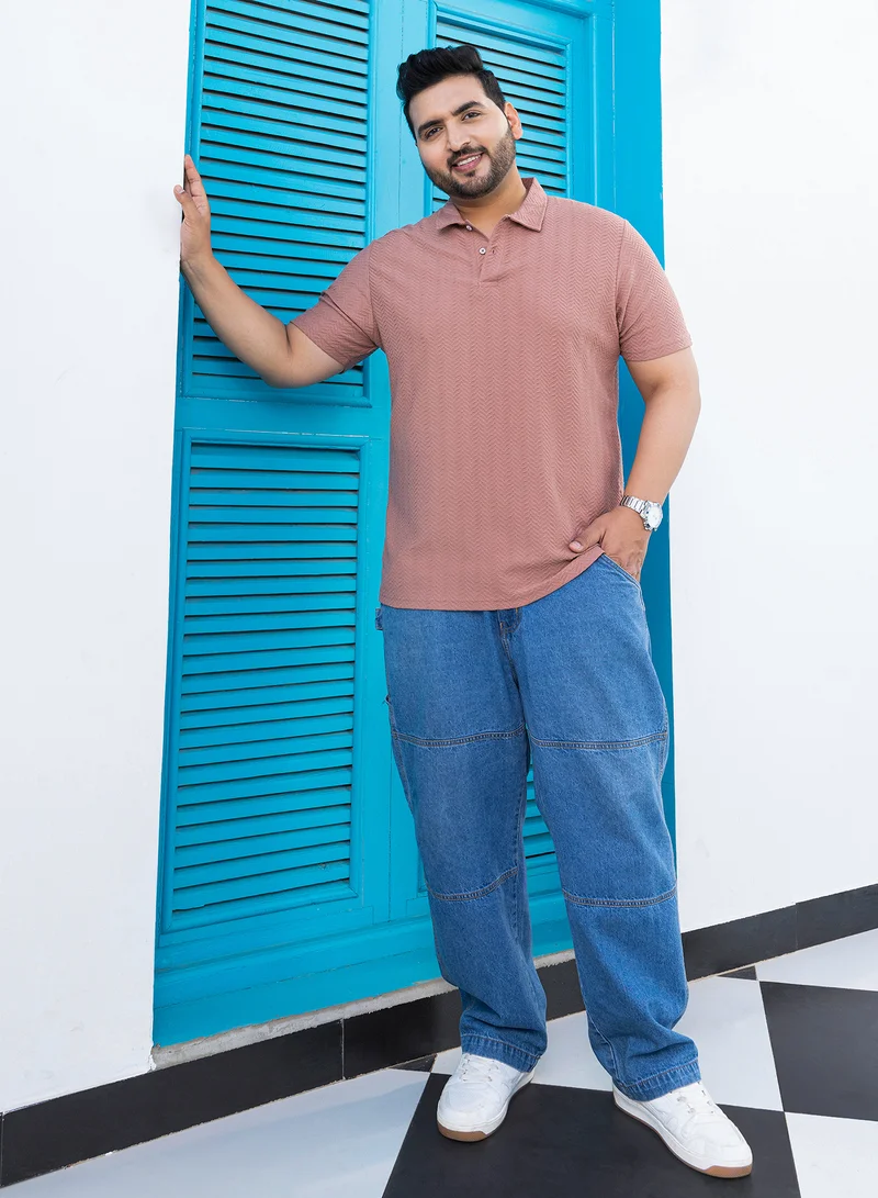 Instafab Plus Instafab Plus Men's Coral Orange Chevron Polo T-Shirt For Casual Wear | Polo Neck | Short Regular Sleeves | Half-Button Closure | Plus Size T-Shirt Crafted With Comfort Fit For Everyday Wear