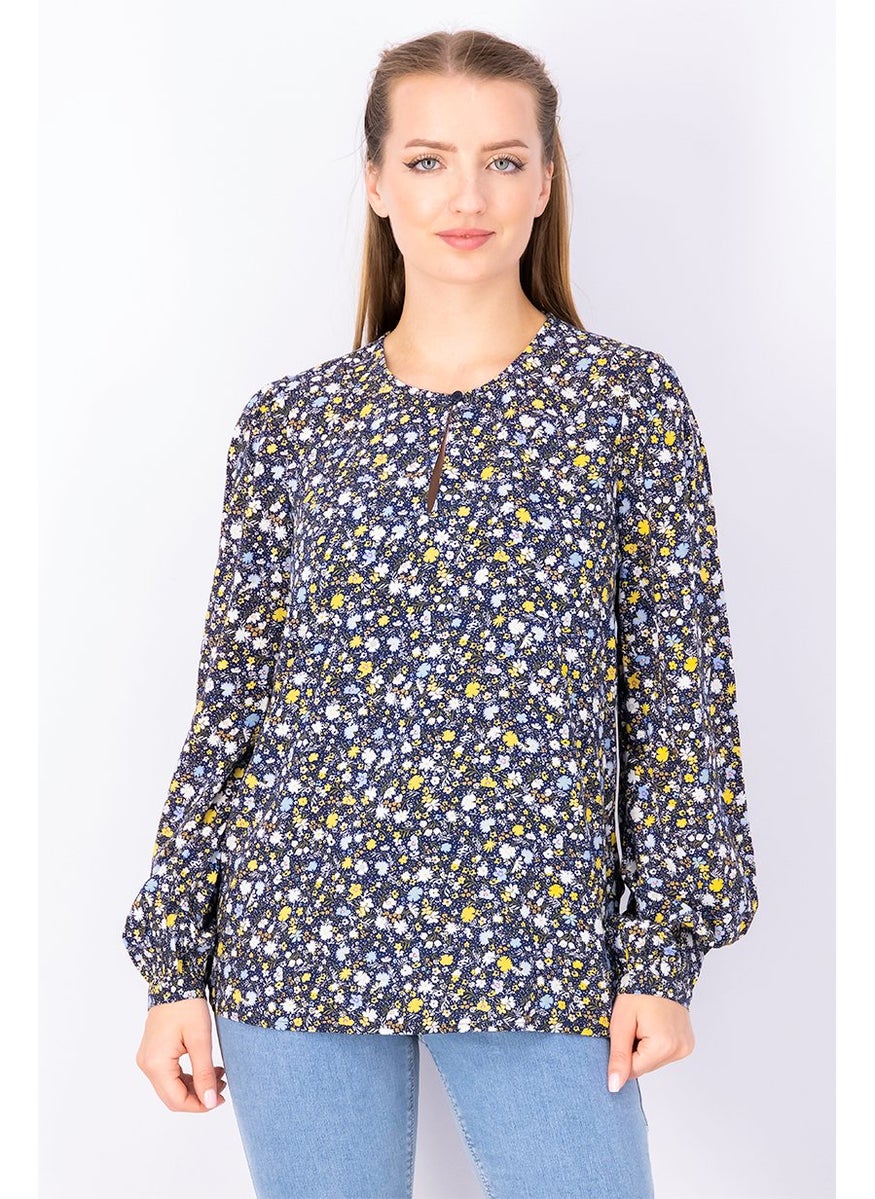 ESPRIT Women Round Neckline Long Sleeve Floral Top, Navy Floral  - Image 1