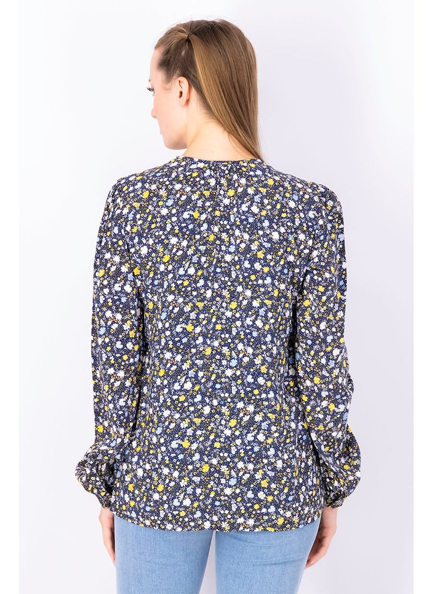 ESPRIT Women Round Neckline Long Sleeve Floral Top, Navy Floral  - Image 3