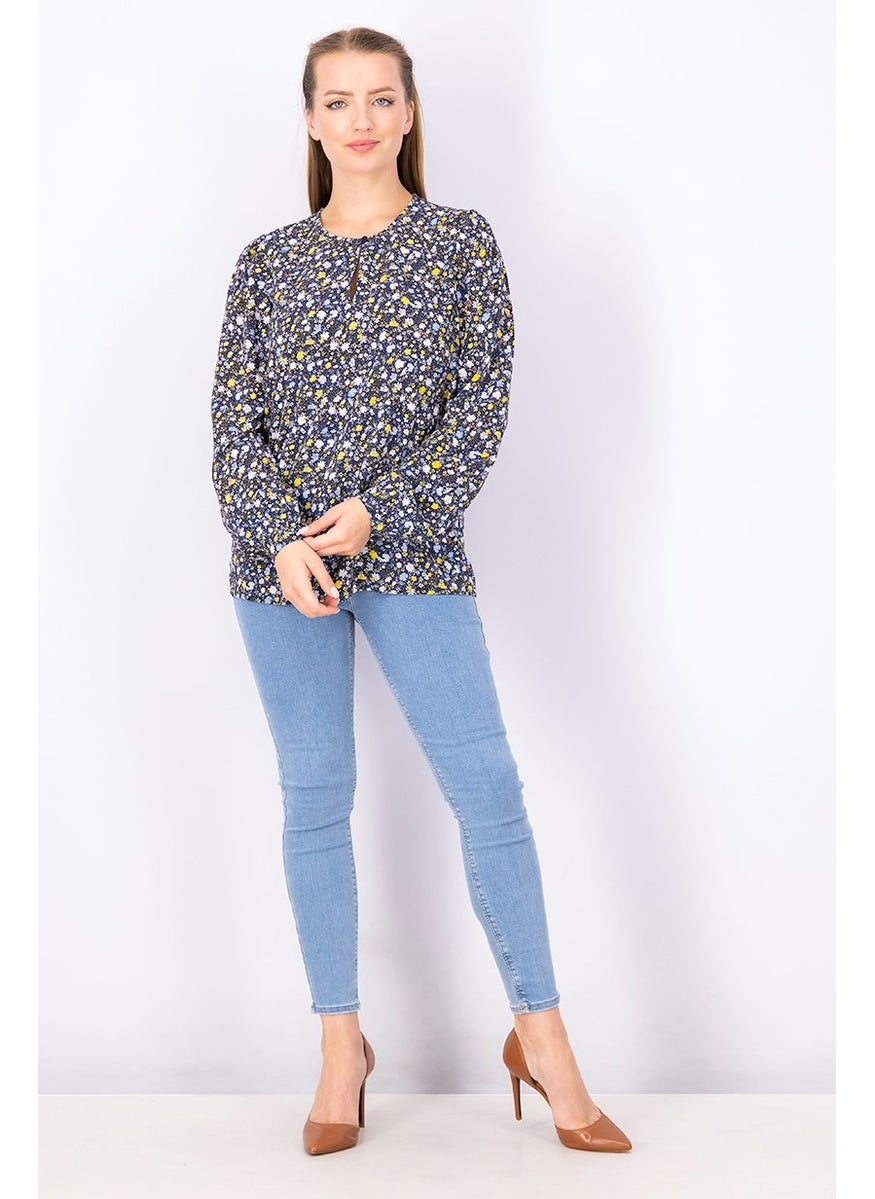 ESPRIT Women Round Neckline Long Sleeve Floral Top, Navy Floral  - Image 4