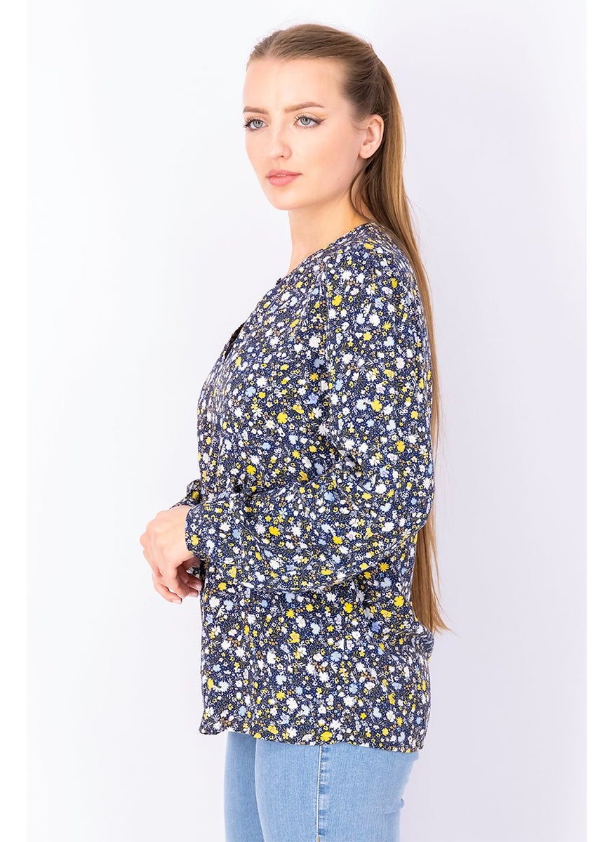ESPRIT Women Round Neckline Long Sleeve Floral Top, Navy Floral  - Image 2