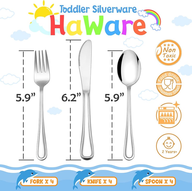 HaWare 12Piece Kids Silverware Stainless Steel Toddler Utensils Flatware Set Preschooler Eating Utensils Includes 4 Spoons 4 Forks 4 Knives Metal Children Cutlery for Home School Mirror Finished - Image 2