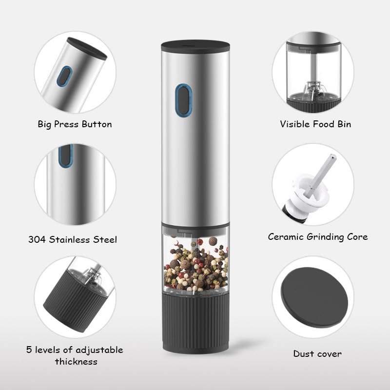 Konquer TimeS Automatic Electric Pepper Grinder with Light, Gravity Sensor Salt & Pepper Mill, Adjustable Coarseness, One-Hand Operation, Stainless Steel Design, Battery Powered Spice Grinder - Image 2
