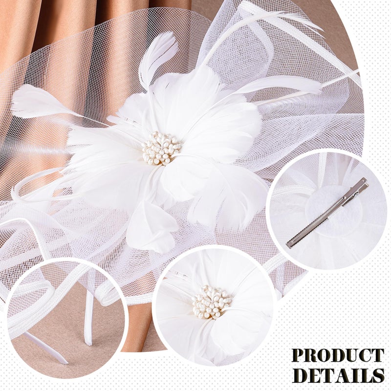 Zinniday White Tea Party Hat - 2026 Elegant Victoria Feather Fascinators with Hair Clip, Flower Kentucky Hats Mesh 20s 50s Derby Hat Cocktail Bridal Headband for Women Lady Wedding Costume - Image 5