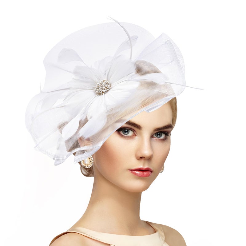 Zinniday White Tea Party Hat - 2026 Elegant Victoria Feather Fascinators with Hair Clip, Flower Kentucky Hats Mesh 20s 50s Derby Hat Cocktail Bridal Headband for Women Lady Wedding Costume - Image 1
