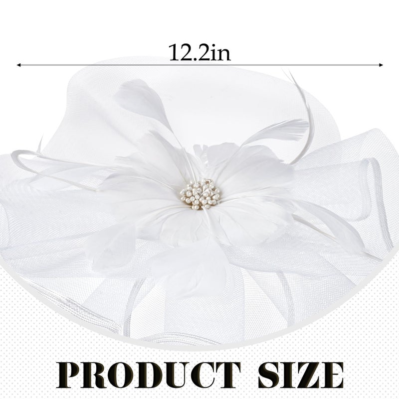Zinniday White Tea Party Hat - 2026 Elegant Victoria Feather Fascinators with Hair Clip, Flower Kentucky Hats Mesh 20s 50s Derby Hat Cocktail Bridal Headband for Women Lady Wedding Costume - Image 2