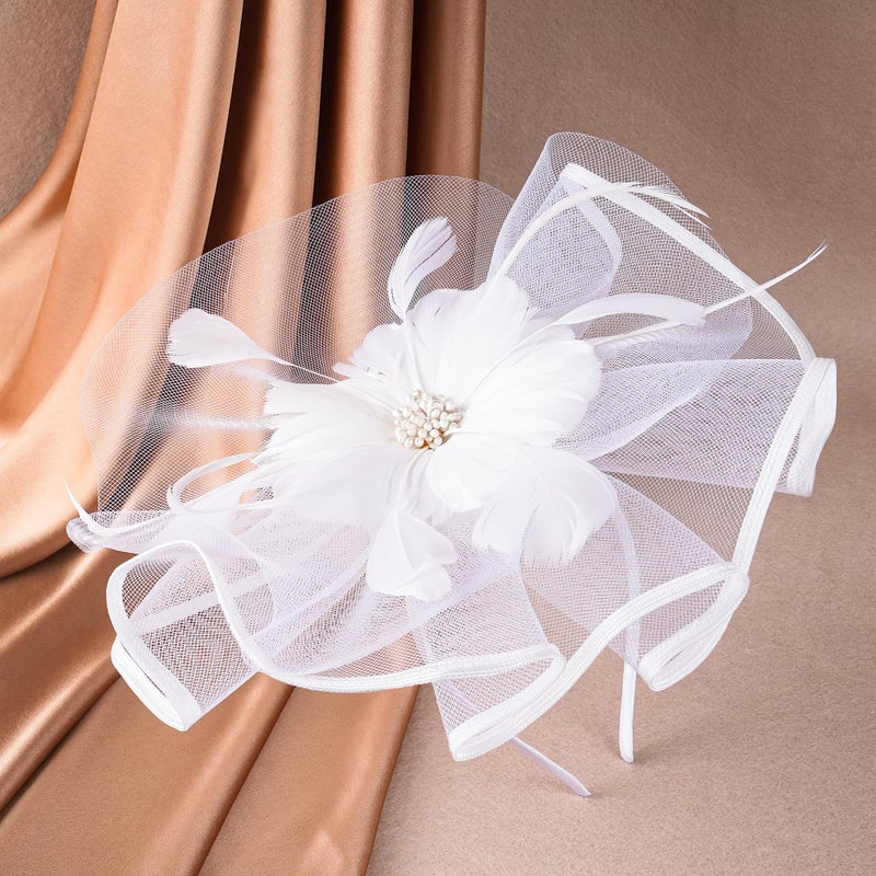 Zinniday White Tea Party Hat - 2026 Elegant Victoria Feather Fascinators with Hair Clip, Flower Kentucky Hats Mesh 20s 50s Derby Hat Cocktail Bridal Headband for Women Lady Wedding Costume - Image 4