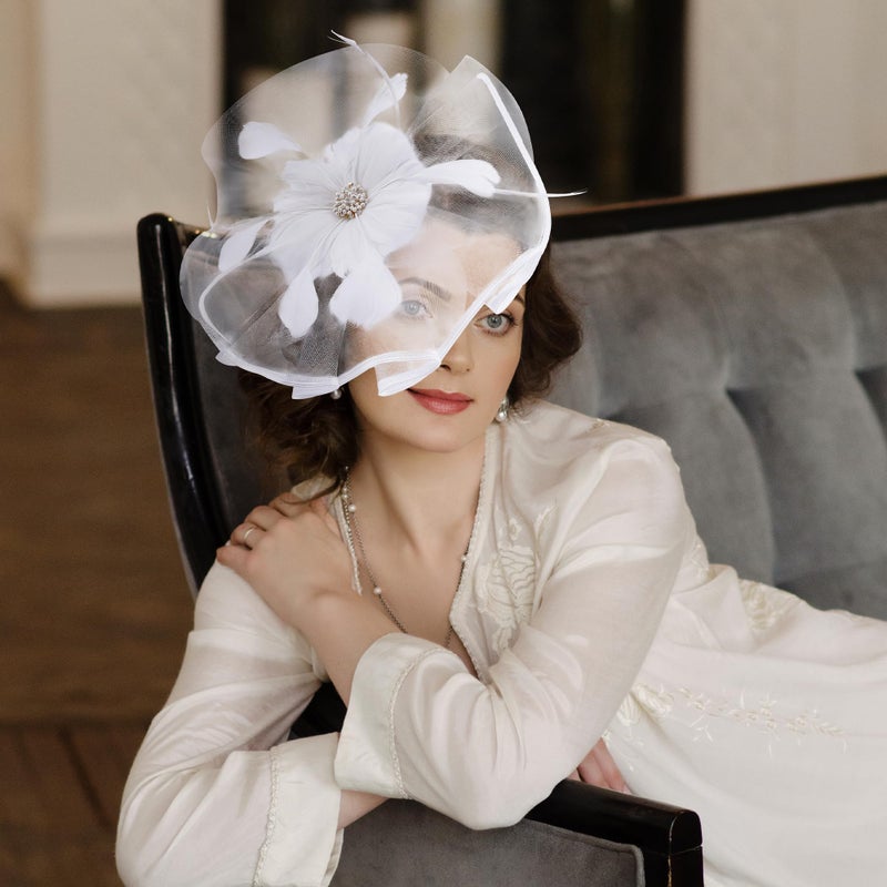 Zinniday White Tea Party Hat - 2026 Elegant Victoria Feather Fascinators with Hair Clip, Flower Kentucky Hats Mesh 20s 50s Derby Hat Cocktail Bridal Headband for Women Lady Wedding Costume - Image 3