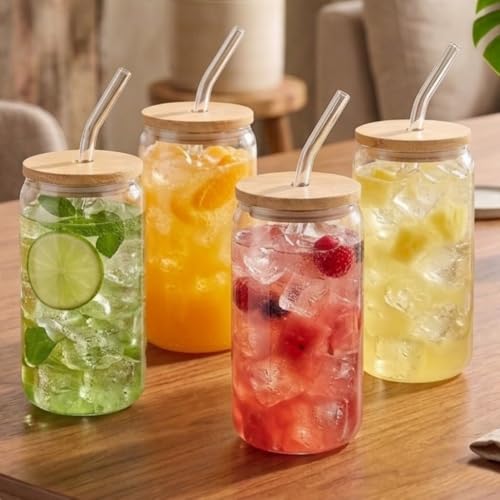 ABOUT SPACE 550ml Can Style Glass Sipper Tumbler Set of 4 with Bamboo Lid, Straw, Brush | Reusable Cups for Cold Drinks, Smoothies, Juice, Iced Coffee & Milk | Stylish Drinkware for Home & Parties - Image 1
