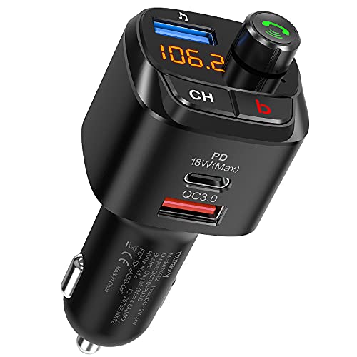 Nulaxy Bluetooth 5.0 FM Transmitter for Car, QC3.0 & USB-C PD 18W Wireless Bluetooth Radio Adapter Music Player Car Kit with Bass Booster, Hands-Free Calls-NX12 - Image 1