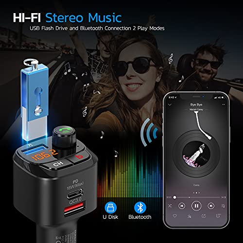 Nulaxy Bluetooth 5.0 FM Transmitter for Car, QC3.0 & USB-C PD 18W Wireless Bluetooth Radio Adapter Music Player Car Kit with Bass Booster, Hands-Free Calls-NX12 - Image 4