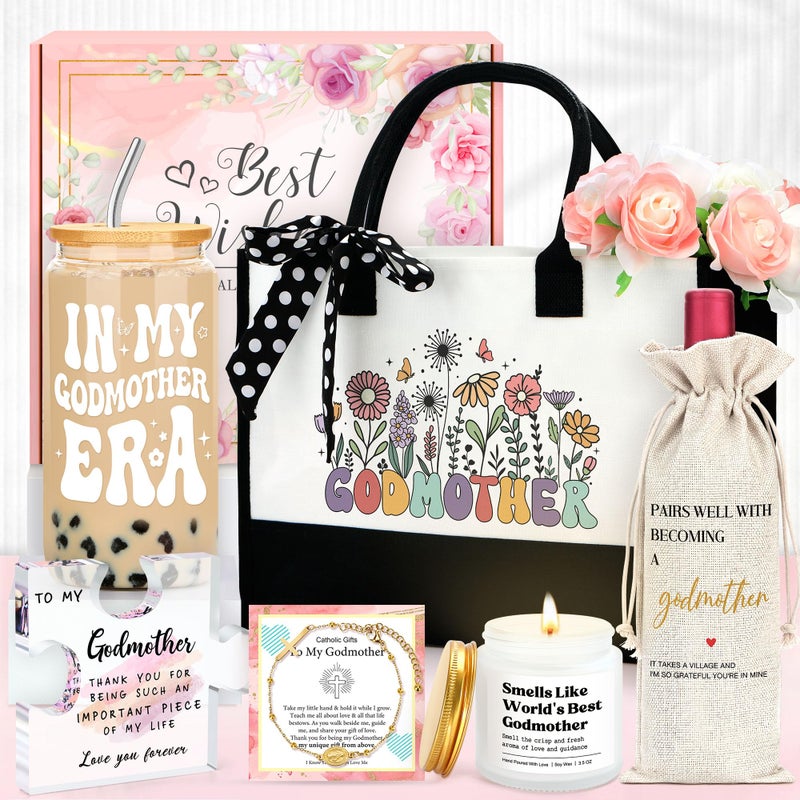 Saineron Godmother Proposal Gift Will You Be My Godmother Gift Ideas God Mother Gifts for Women Birthday God Mommy Proposal Gifts from Godchild Fairy Godmom Accessories Include Tote Bag, Glass Cup, Wine Bag - Image 1