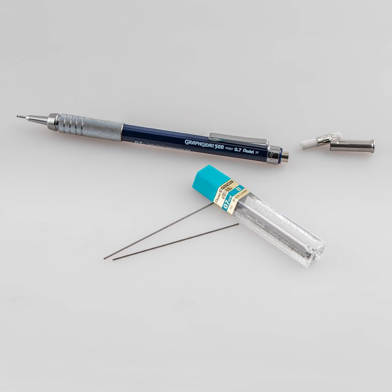 Pentel Drafting Kit with Graph Gear 500 Automatic Drafting Pencil, 0.7mm, Blue Barrel, Lead and Mini Eraser (PG527LEBP) - Image 4
