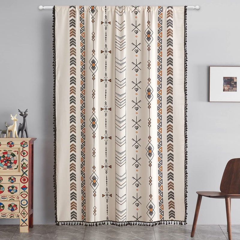 Coral Fish Boho Curtains Bohemian Cotton Curtain Panel with Black Tassel Fringe Light-Filtering Window Drapes for Cozy Kitchens & Small Spaces, Rod Pocket, 59x63 Inches, 1 Panel - Image 2