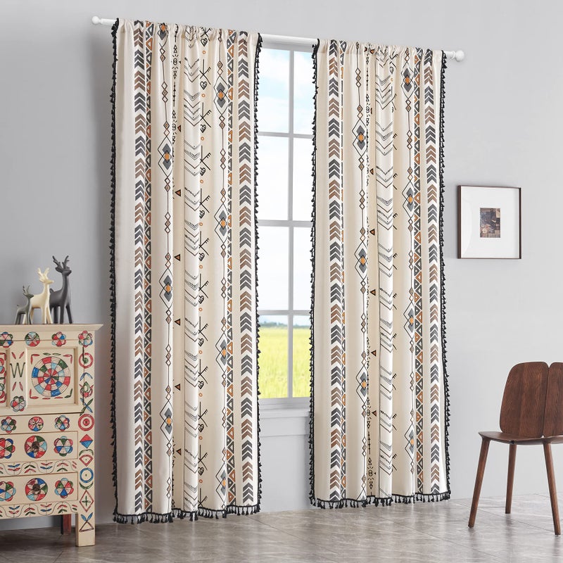 Coral Fish Boho Curtains Bohemian Cotton Curtain Panel with Black Tassel Fringe Light-Filtering Window Drapes for Cozy Kitchens & Small Spaces, Rod Pocket, 59x63 Inches, 1 Panel - Image 1