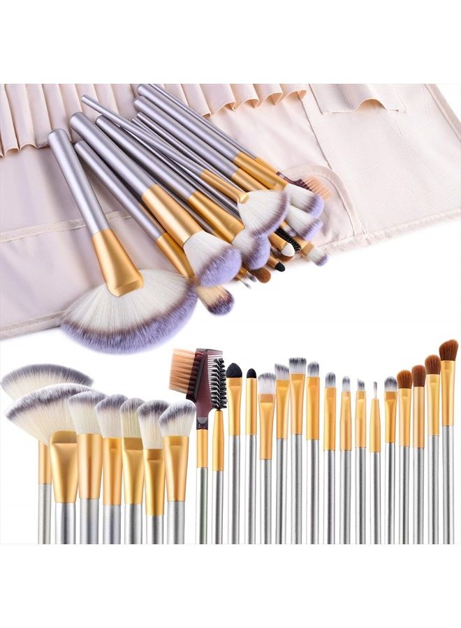 VANDER Make up Brushes, VANDER 24pcs Premium Cosmetic Makeup Brush Set for Foundation Blending Blush Concealer Eye Shadow, Cruelty-Free Synthetic Fiber Bristles, Travel Makeup bag Included, Champagne - Image 1