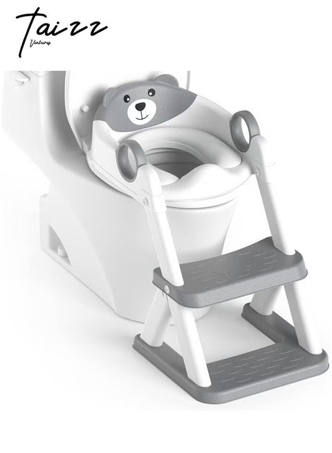 Potty Training Seat with Step Stool for Boys & Girls – 2-in-1 Adjustable Toilet Ladder, Non-Slip Waterproof Cushion, Foldable Design, for Toddlers 2-7 Years, Fits Most Toilet Shapes - Grey