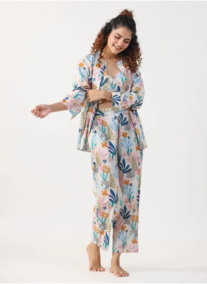 سانسكريتي هومز Sanskrutihomes Women Floral Printed Pure Cotton Crop Top, Shrug and Pyjama Set