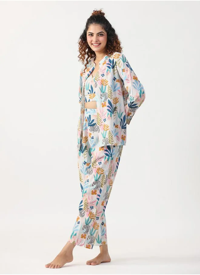 سانسكريتي هومز Sanskrutihomes Women Floral Printed Pure Cotton Crop Top, Shrug and Pyjama Set