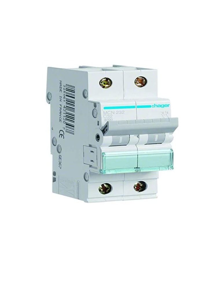 Hager HAGER Miniature circuit breaker double pole 32A 6KA DP MCB TYPE C MCN232  - Image 2