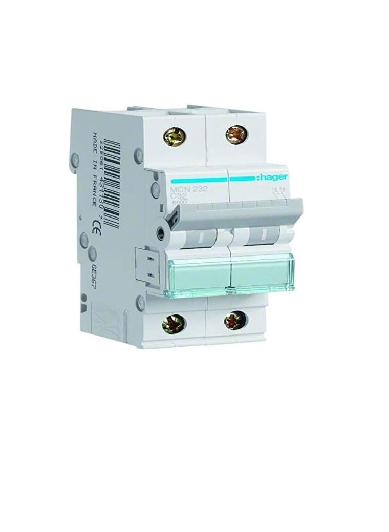 Hager HAGER Miniature circuit breaker double pole 32A 6KA DP MCB TYPE C MCN232  - Image 1