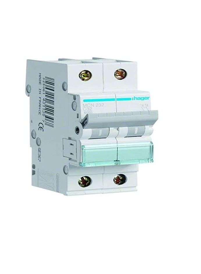 Hager HAGER Miniature circuit breaker double pole 32A 6KA DP MCB TYPE C MCN232  - Image 3