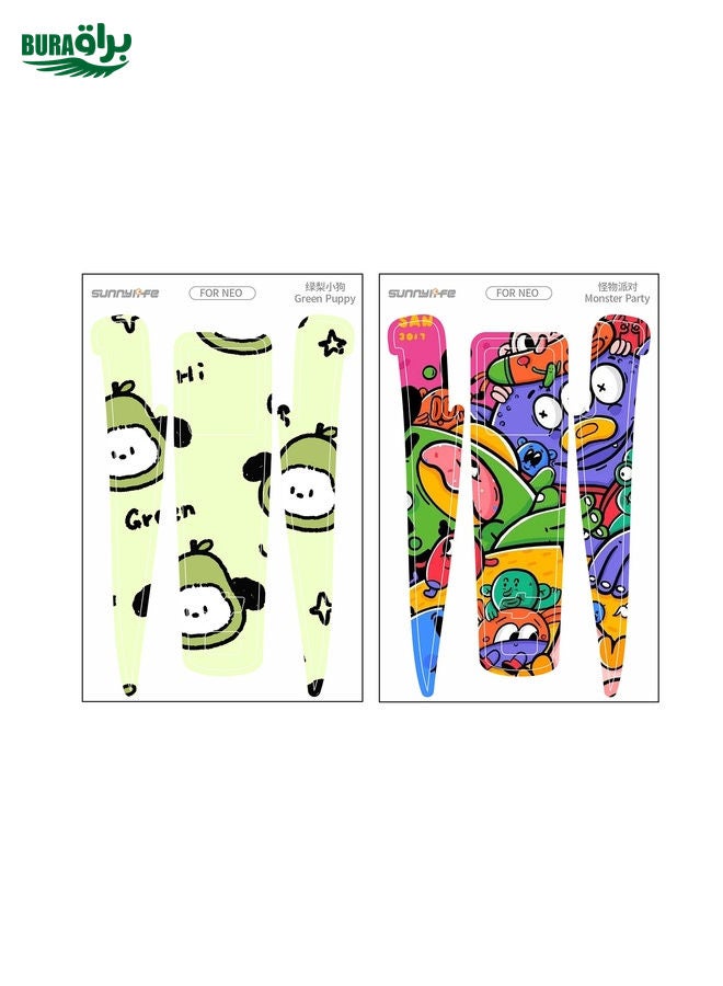 BURAQ For DJI Neo 2pcs Combo Drone Body Protective Stickers(Green Puppy + Monster Party) - Image 2