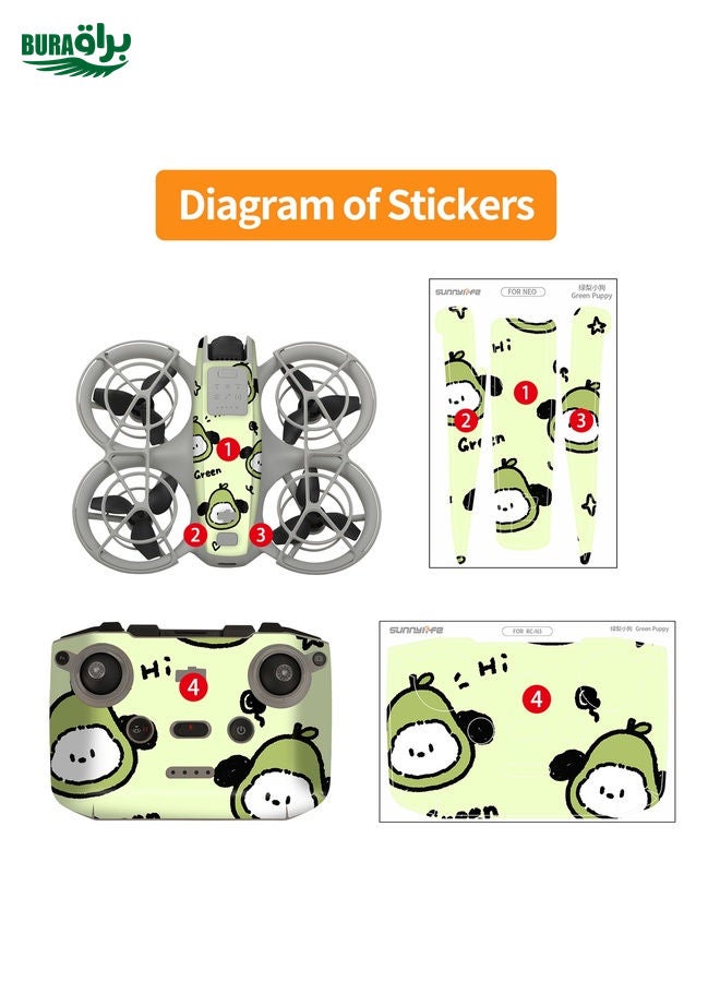 BURAQ For DJI Neo 2pcs Combo Drone Body Protective Stickers(Green Puppy + Monster Party) - Image 5