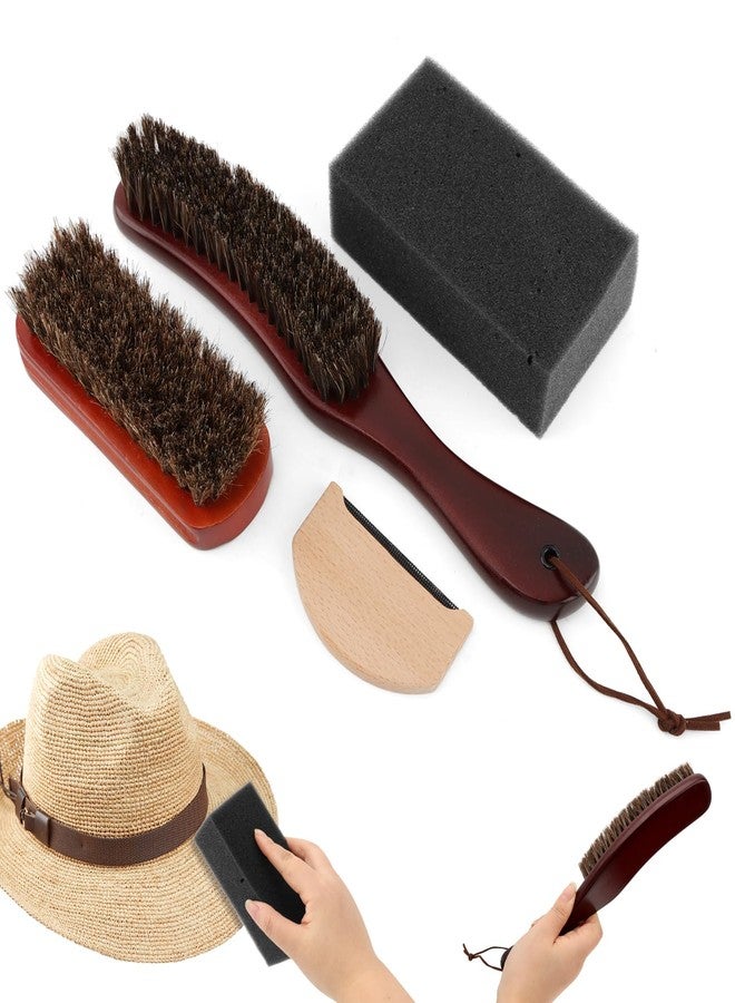 Jeyntanc 4Pcs Horsehair Felt Hat Brush Kit, with Cleaning Sponge Wood Cap Cleaning Lint Remover, Felt Hat Cleanings Kit for Cowboy Hats Baseball Caps, for Hair Furniture Suits Clothes (Color:Brown) - Image 4